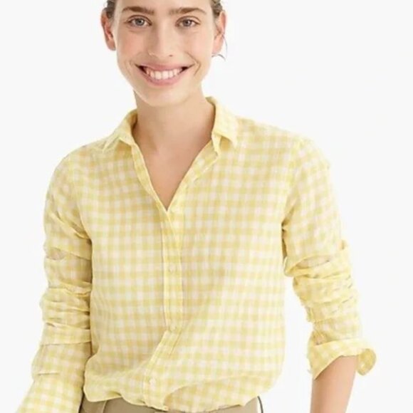 J. Crew Tops - J. Crew Cottagecore Yellow Gingham Button Up Shirt Collared Sz M Layering Preppy